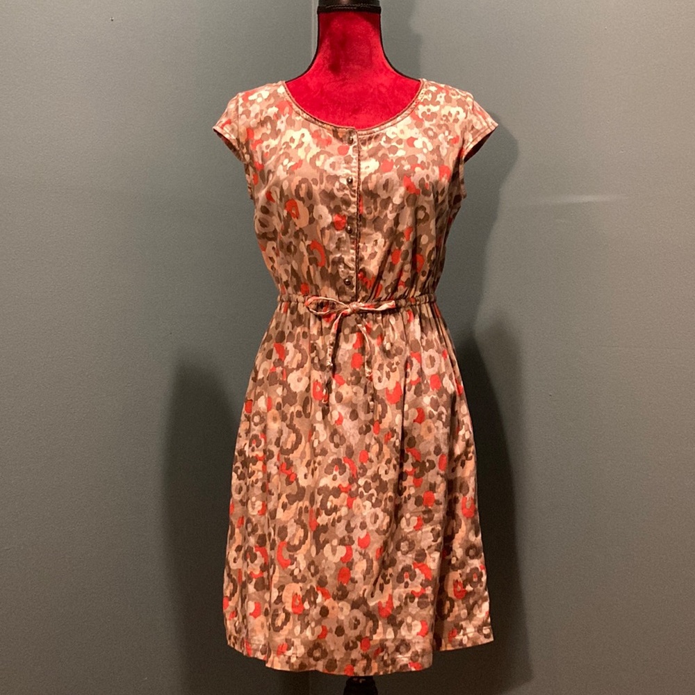 Merona Brown and Red Printed Cap-Sleeve Tie-Waist Dress